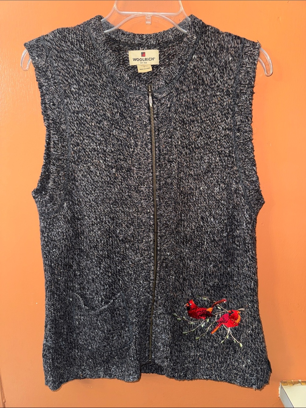 Woolrich vintageCharcoal Marled Zip-Front Knit Vest with Red Cardinal Embroidery